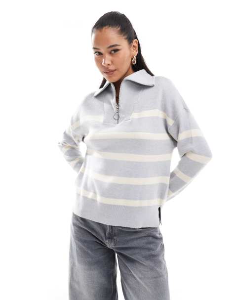 Jersey gris claro a rayas color crema con cremallera de Vero Moda - view 1