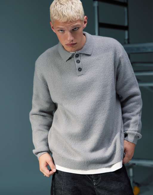 Jersey gris claro extragrande con cuello tipo polo de punto cepillado de ASOS DESIGN
