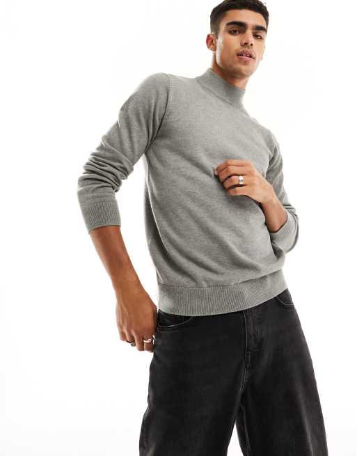 Jersey gris claro jaspeado con cuello vuelto de algodón de Threadbare
