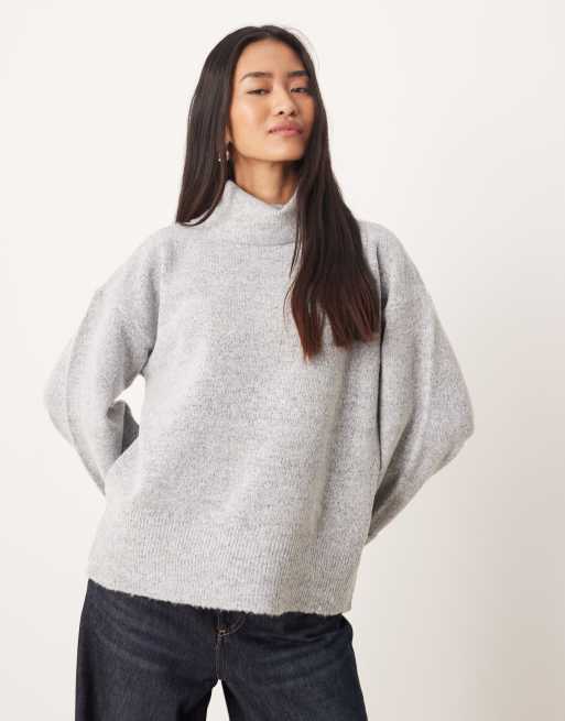 Jersey gris claro jaspeado con cuello vuelto y detalle de puños de punto de VILA, 4 de 4