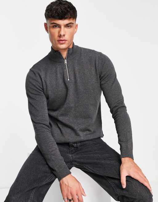Jersey gris claro jaspeado con media cremallera de punto de Only & Sons
