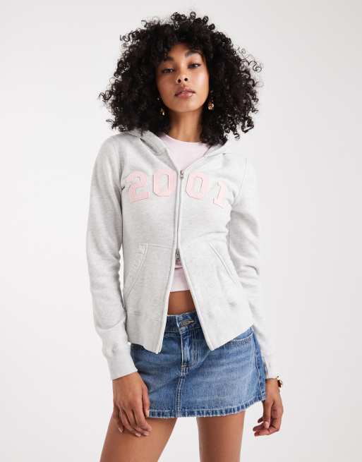 Jersey gris con capucha, gráfico y cremallera doble de Hollister