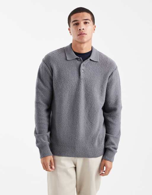 Jersey gris con cuello tipo polo de bouclé de Jack & Jones