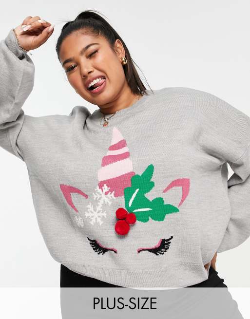 Jersey gris con diseño navideño de unicornio de Threadbare Plus