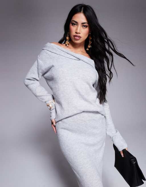 Jersey gris con escote Bardot y detalle retorcido en la parte delantera de Kaiia (parte de un conjunto)