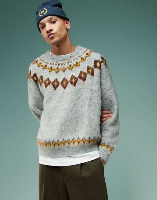 Jersey gris de corte cuadrado extragrande con patrón de grecas alpinas de punto mullido de ASOS DESIGN, 3 de 4