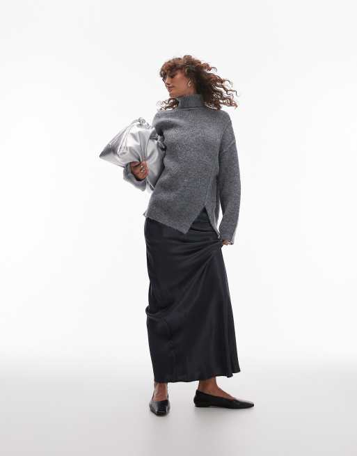Jersey gris extragrande con abertura asimétrica y cuello alzado de punto de Topshop, 2 de 4