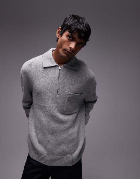 Jersey gris extragrande con cuello tipo polo y media cremallera de lana de ARKET - view 1