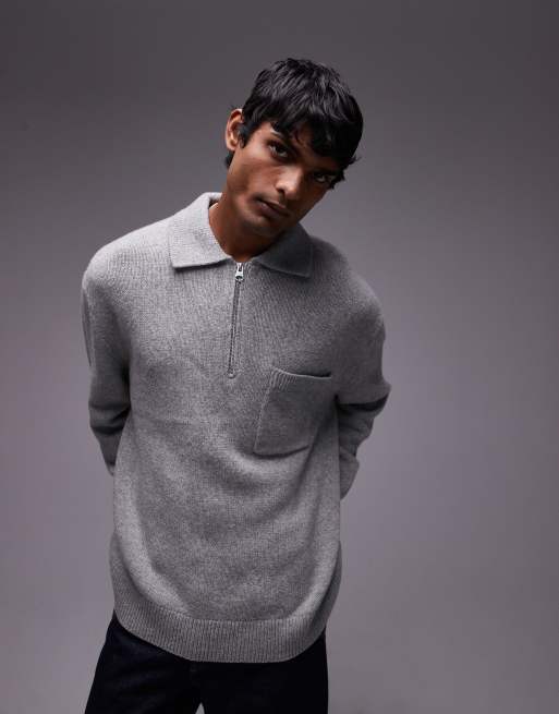 Jersey gris extragrande con cuello tipo polo y media cremallera de lana de ARKET