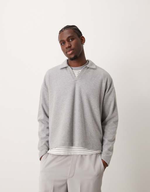 Jersey gris extragrande con cuello tipo polo y textura de canalé cepillado grueso de ASOS DESIGN