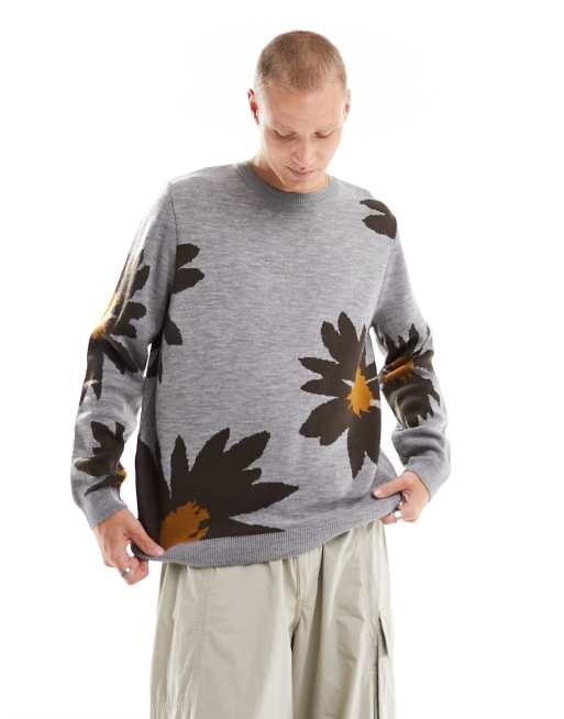 Jersey gris extragrande con diseño de girasoles y cuello redondo de punto de ASOS DESIGN