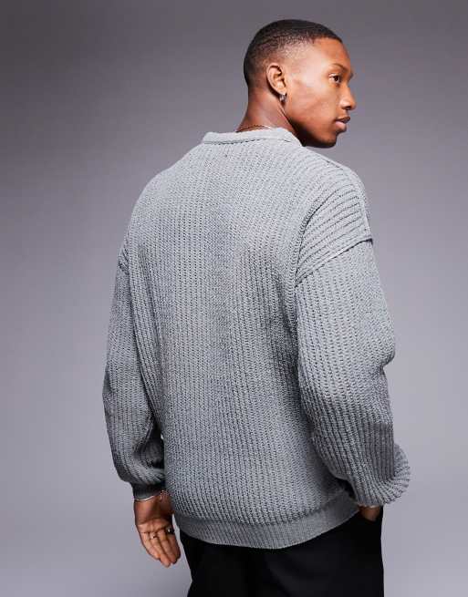 Jersey gris holgado con cuello redondo de canalé de chenilla de ASOS DESIGN, 4 de 4