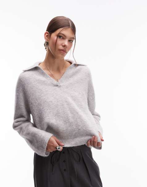 Jersey gris jaspeado con cuello estilo polo de punto de mezcla de lana de alpaca y lana de ARKET - view 1