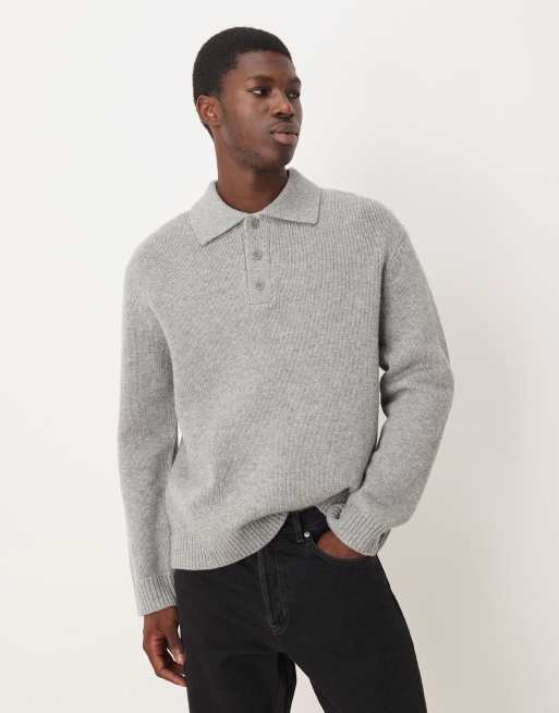 Jersey gris jaspeado con cuello tipo polo de lana pura texturizada de ARKET