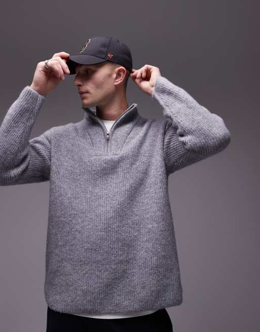 Jersey gris jaspeado extragrande con cremallera corta de Topman