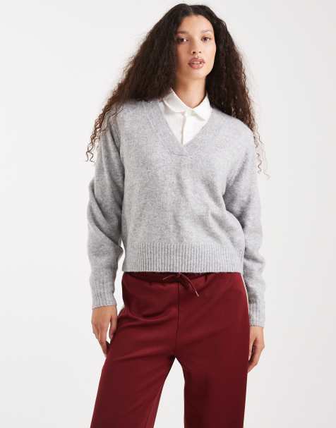 Jersey gris jaspeado extragrande con cuello de pico de punto suave de Vero Moda - view 1