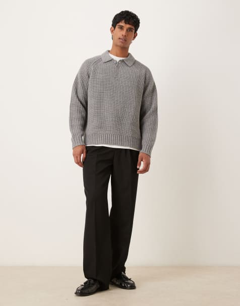 Jersey Gris Jaspeado De Corte Cuadrado Ultragrande Con Cuello Redondo De Punto De DESIGN