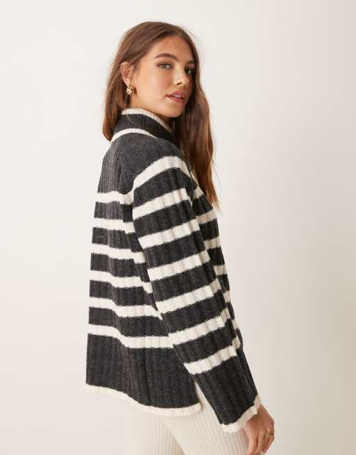 Jersey gris oscuro a rayas con mangas acampanadas y cuello vuelto de punto de JDY, 3 de 4