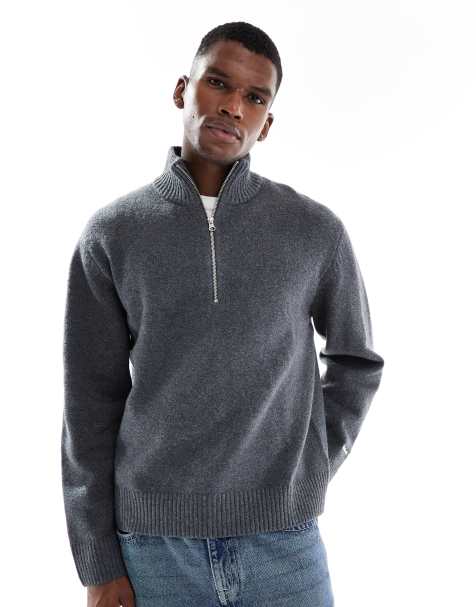 Jersey gris oscuro extragrande con cremallera corta de punto grueso de Jack & Jones - view 1