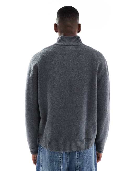 Jersey gris oscuro extragrande con cremallera corta de punto grueso de Jack & Jones, 3 de 5