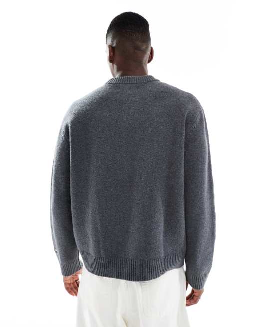 Jersey gris oscuro extragrande con cuello redondo de punto grueso de Jack & Jones, 3 de 5