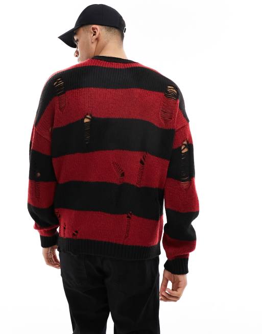 Jersey holgado a rayas negras y rojas con diseño rasgado de punto de ASOS DESIGN, 2 de 4