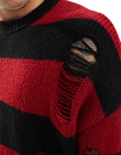 Jersey holgado a rayas negras y rojas con diseño rasgado de punto de ASOS DESIGN, 4 de 4