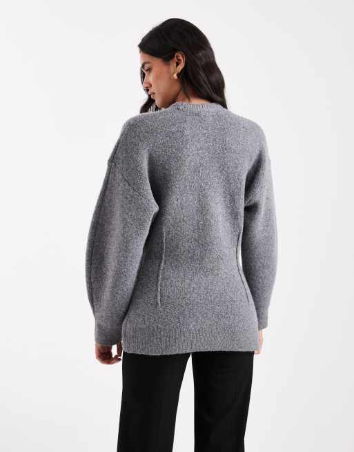 Jersey largo gris de cuello redondo con diseño estructurado y cintura marcada de ASOS DESIGN, 3 de 4