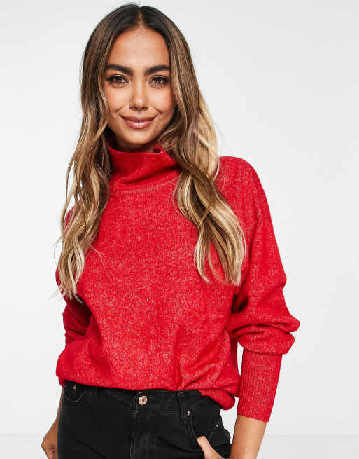 Suéter de punto de cuello alto para mujer, jersey rojo de moda