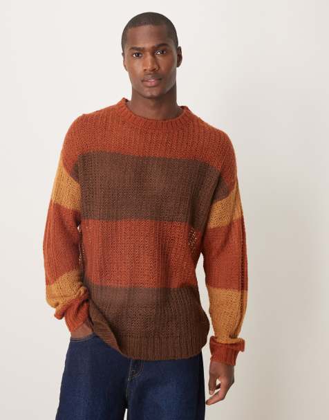 Jersey marrón a rayas holgado con cuello redondo de punto calado texturizado de ASOS DESIGN - view 1