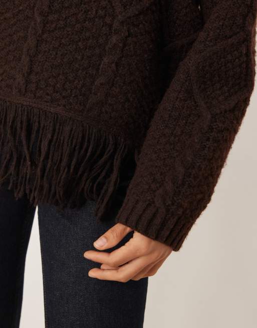 Jersey marrón chocolate con cuello redondo y flecos de punto de ochos de ASOS DESIGN, 3 de 4