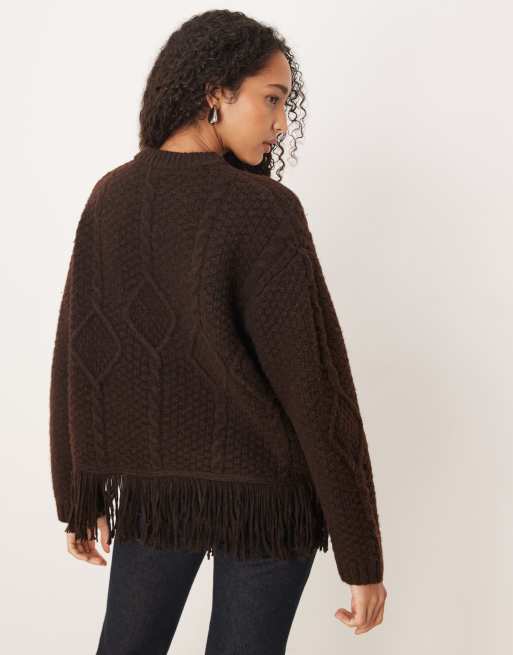 Jersey marrón chocolate con cuello redondo y flecos de punto de ochos de ASOS DESIGN, 4 de 4