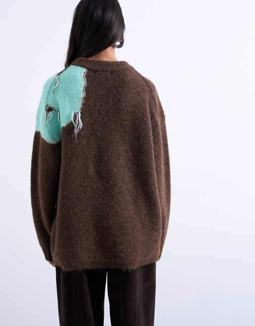 Jersey marrón chocolate con detalles florales con flecos de punto de Topshop, 4 de 4