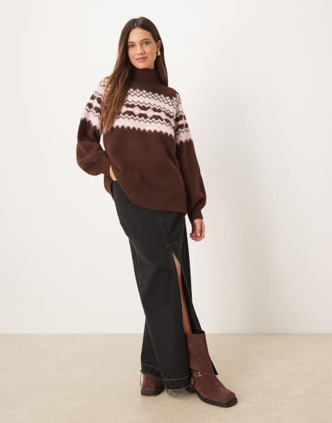 Jersey marrón chocolate con estampado posicional de canesú y cuello alto de ASOS DESIGN - view 1