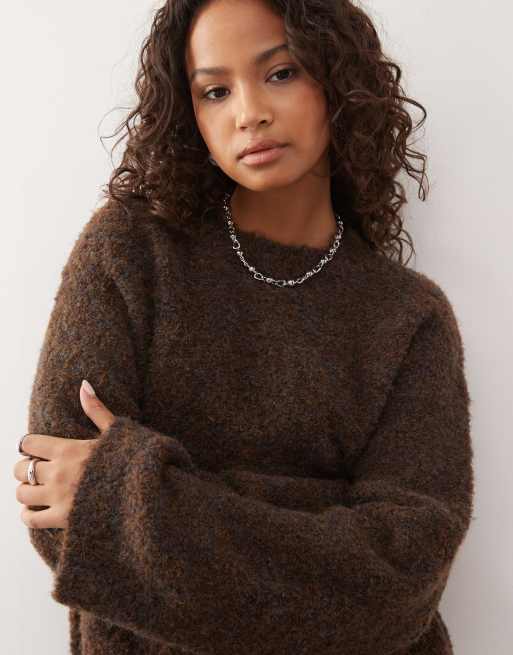 Jersey marrón chocolate de corte cuadrado con cuello redondo de bouclé de Reclaimed Vintage , 3 de 4