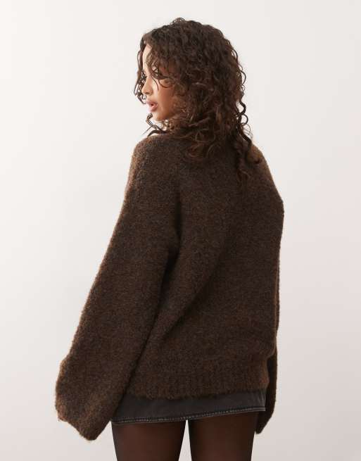 Jersey marrón chocolate de corte cuadrado con cuello redondo de bouclé de Reclaimed Vintage , 4 de 4