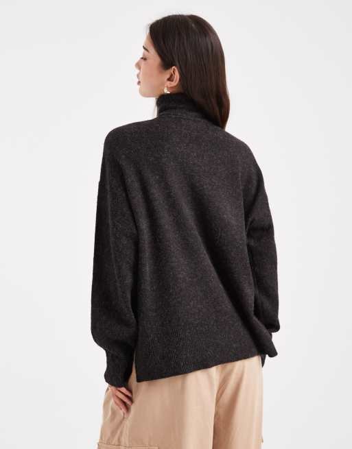 Jersey marrón chocolate jaspeado con cuello vuelto y mangas voluminosas de punto de Vero Moda, 3 de 4