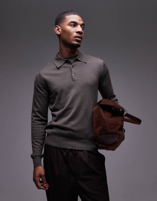 Jersey marrón claro con cuello tipo polo y botones de punto de Mango