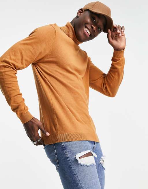Jersey marrón claro con cuello vuelto de punto de algodón de ASOS DESIGN