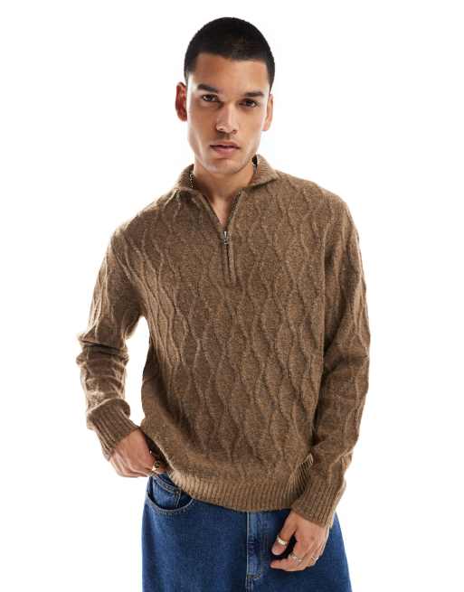 Jersey marrón con cuello alzado y cremallera corta de punto de ochos de Native Youth