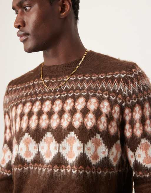 Jersey marrón con cuello redondo y patrón de grecas alpinas de punto de ASOS DESIGN, 3 de 4
