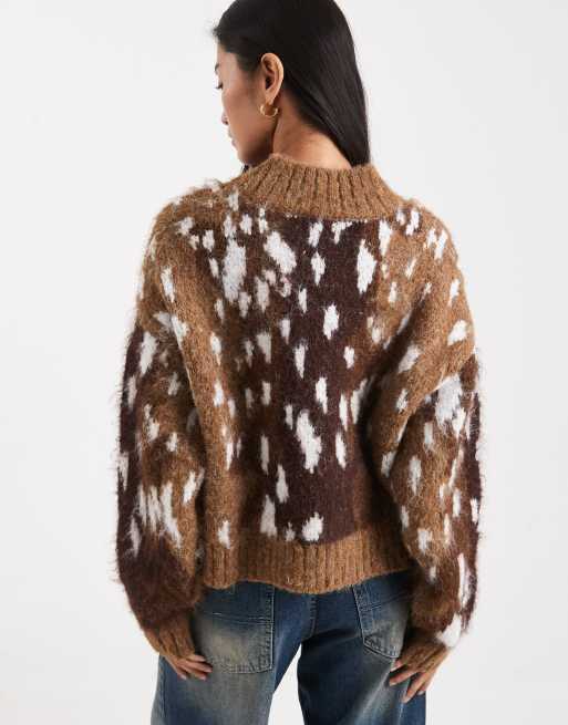 Jersey marrón de corte cuadrado con estampado animal y cuello subido de pico de ASOS DESIGN, 3 de 4