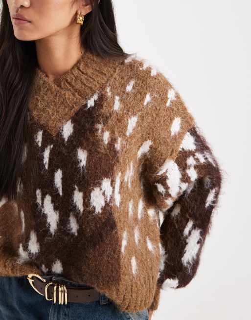 Jersey marrón de corte cuadrado con estampado animal y cuello subido de pico de ASOS DESIGN, 4 de 4