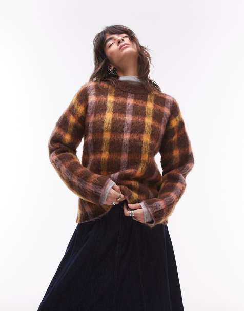 Jersey marrón de corte holgado alargado con estampado a cuadros difuminados de punto de Topshop - view 1