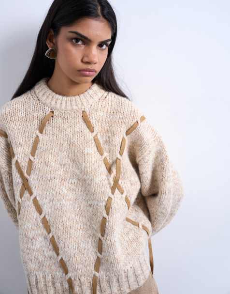 Jersey marrón de punto con diseño de rombos con tira de ante de Topshop - view 1