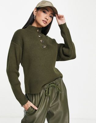 Mango knitted jumper with half button detail in brown - ASOS Price Checker
