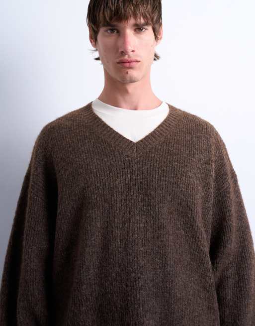 Jersey marrón extragrande con cuello de pico de Topman, 2 de 5