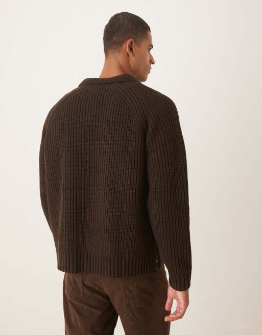 Jersey marrón extragrande con cuello tipo polo de canalé grueso de mezcla de lana de ASOS DESIGN, 3 de 5