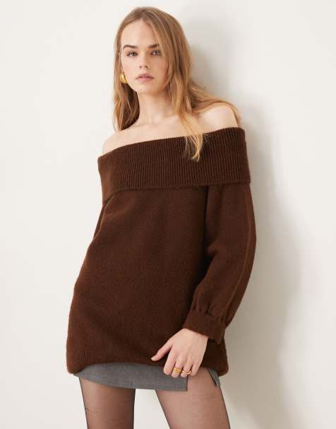 Jersey marrón extragrande con escote Bardot de Miss Selfridge - view 1