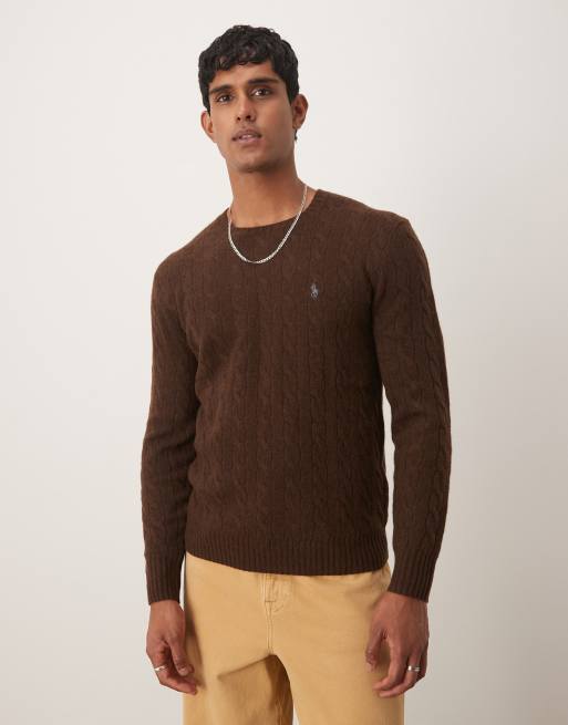 Jersey marrón jaspeado con logo de icono de punto de ochos de lana de Polo Ralph Lauren